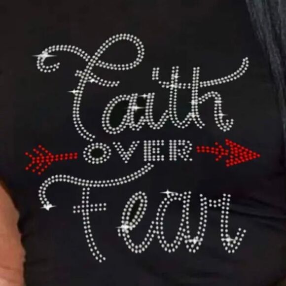New Faith over Fear Rhinestone T-shirt Black with Red and Silver Soft Stretchy - Picture 4 of 9